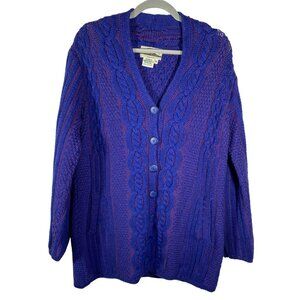 Aran Crafts Womens Medium Cable Knit Cardigan Sweater 100% Merino Wool Blue purp